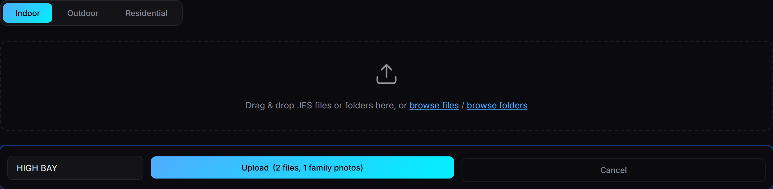 Saha Lighting Studio admin — dragging a product-family folder into the upload zone; the family, its IES files, and product photo are auto-detected and staged to load