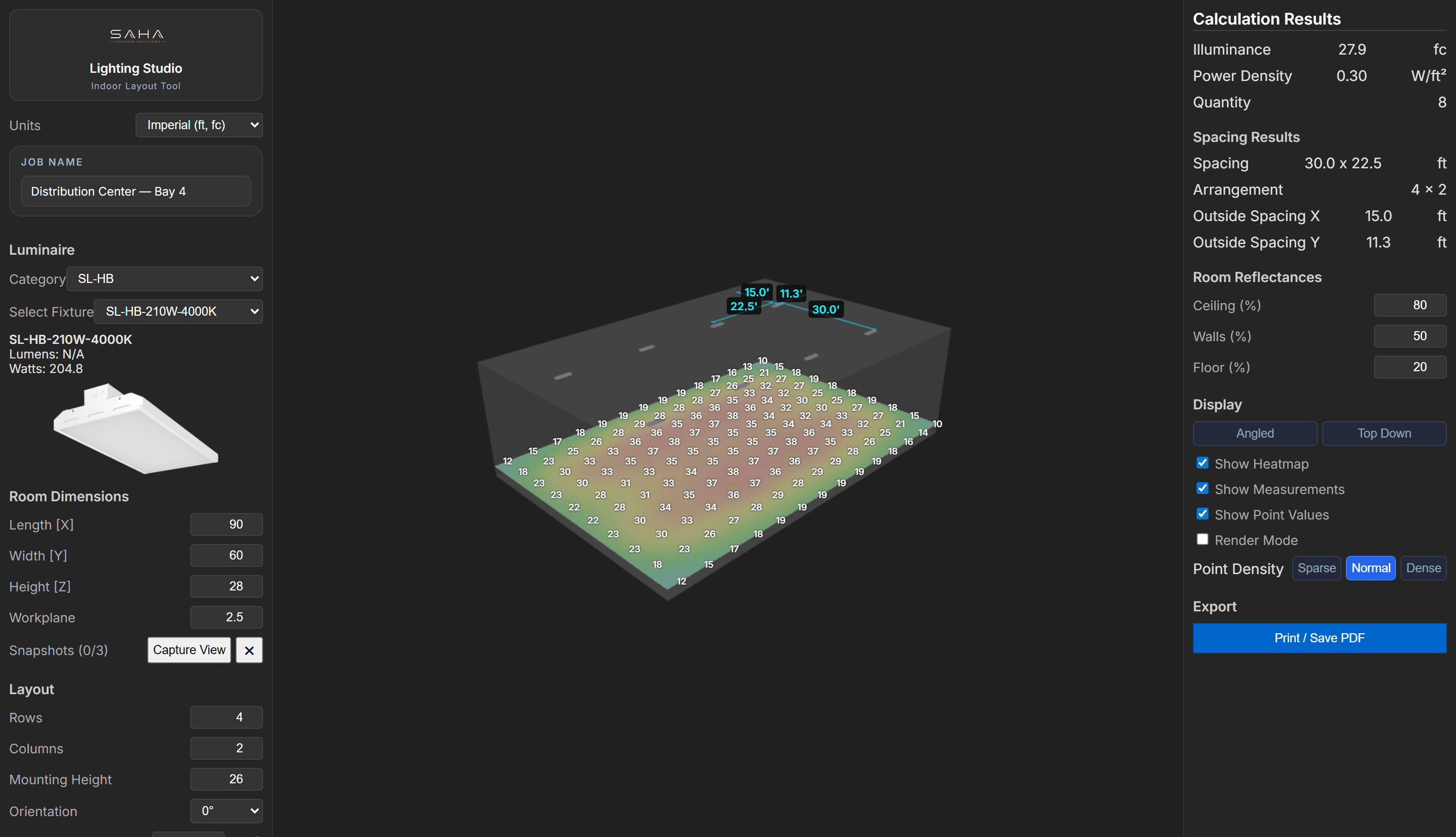 Saha Lighting Studio computing an indoor warehouse high-bay photometric layout with an angled 3D heatmap