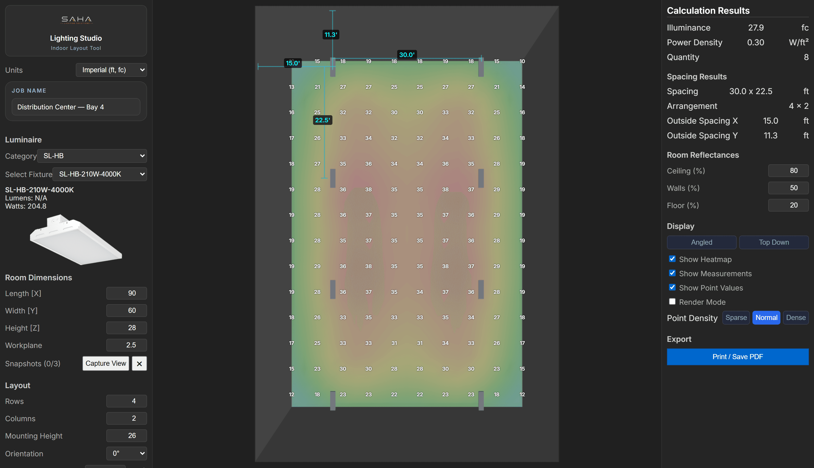 Top-down warehouse photometric heatmap and fixture grid in Lighting Studio