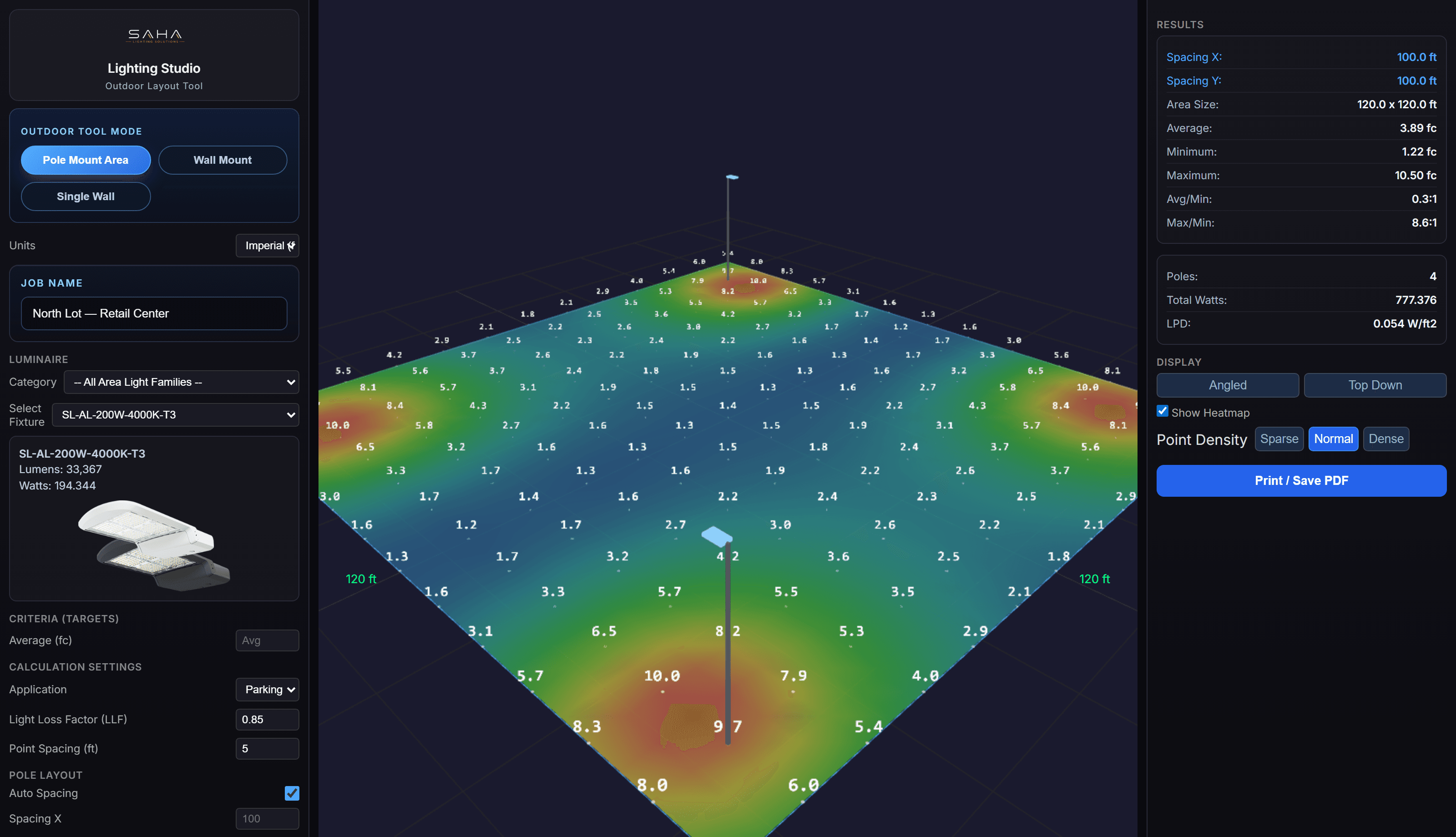 Lighting Studio outdoor layout showing pole-mounted fixtures and calculated site coverage
