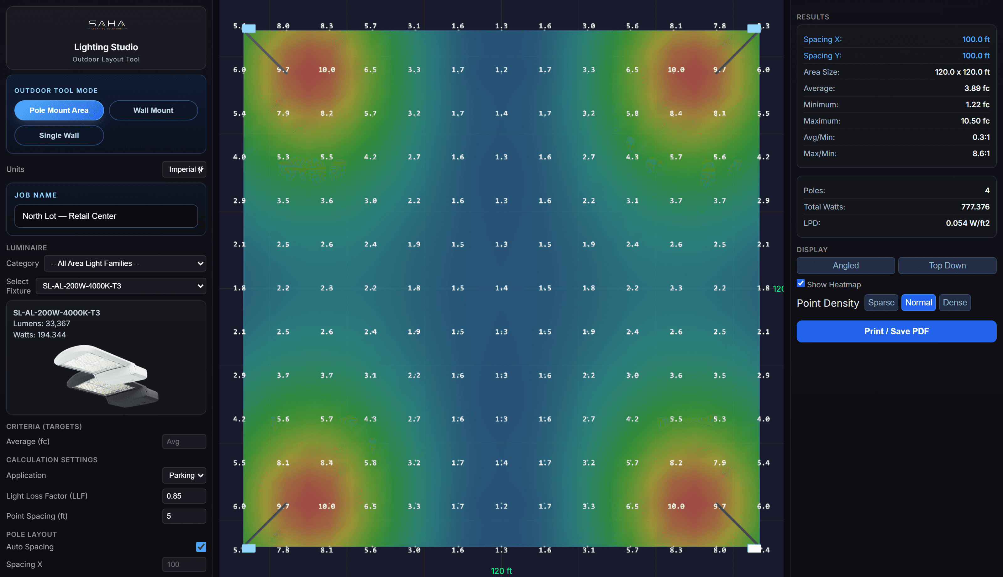 Top-down parking lot photometric heatmap with pole-mounted area lights